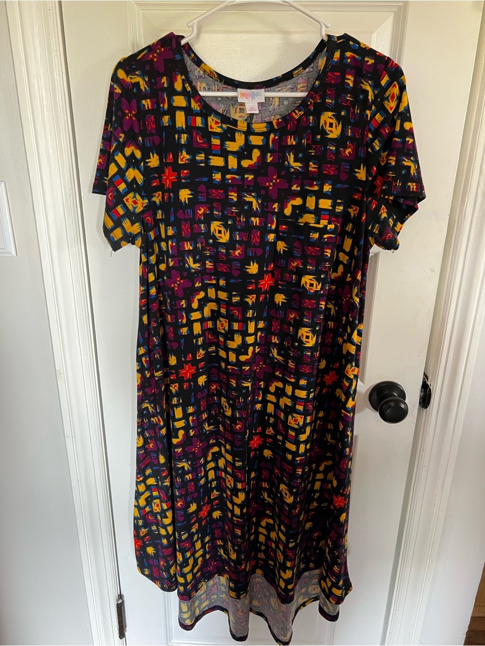 LuLaRoe Black Dress with Yellow, Purple, and Red Abstract Grid Print